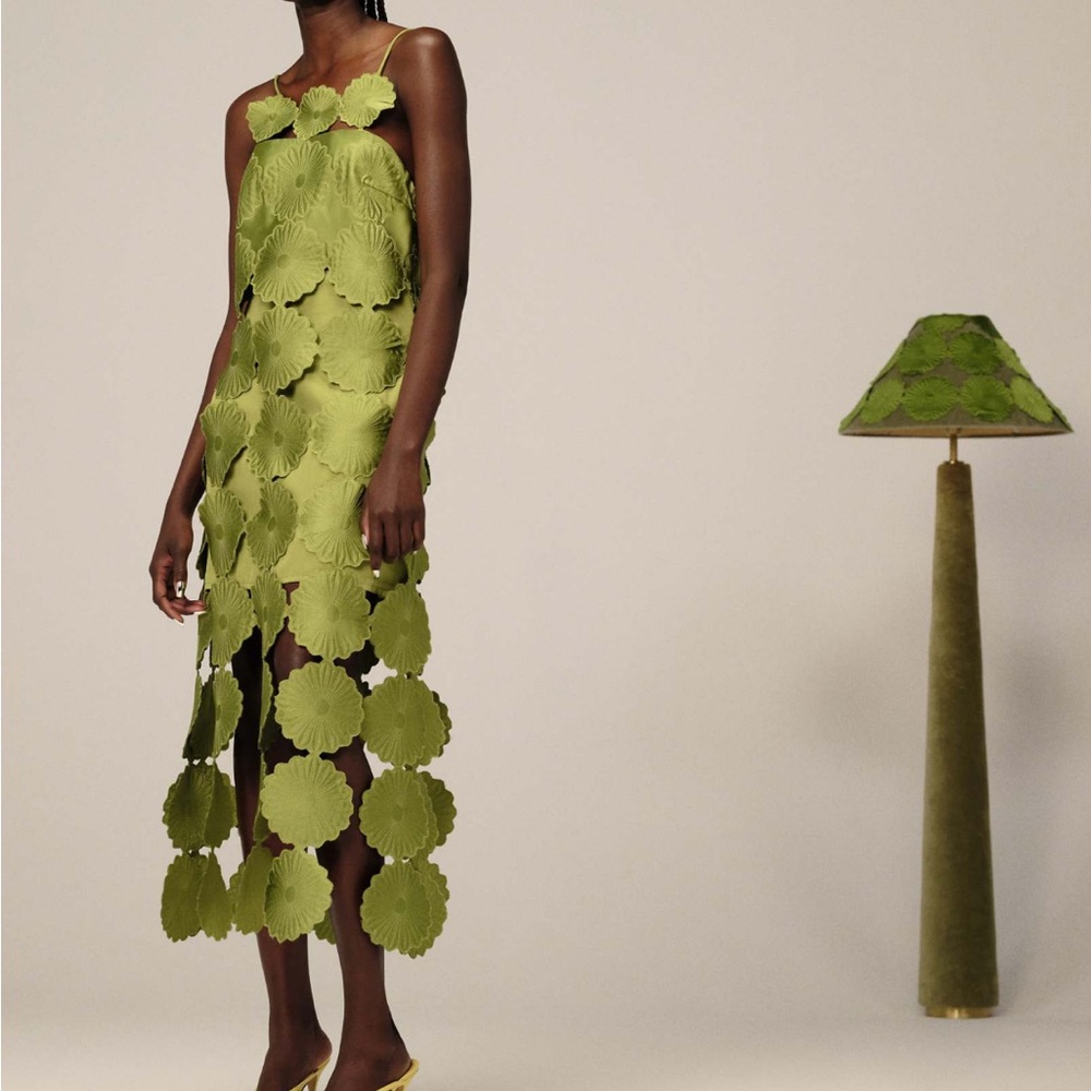 ARRANGE cutwork floral midi dress with fringe hem in green